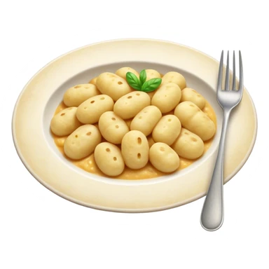 Gnocchi Cinematic Realistic Gnocchi Dish Emoji, depicted as tender oblong potato gnocchi garnished with iconic fork marks on top, rendered with soft textures and warm, inviting lighting. sticker