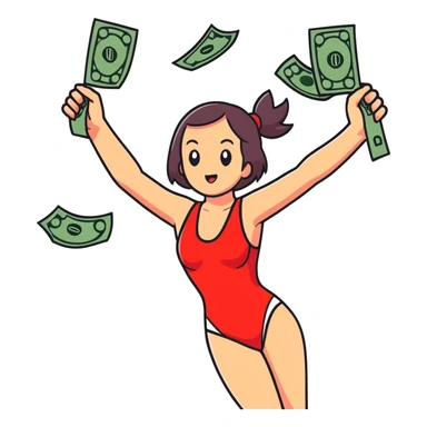 A girl in a red swimsuit shoots money from two pistols into the air sticker