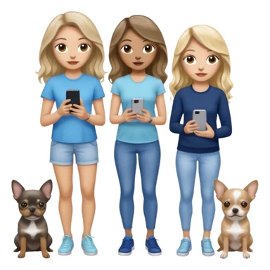 Three women in summer clothes holding iPhone, hazel eyed light skin with dark blonde long hair and light skin hazel eyed brown long wavy hair, blue eyed light skin long blonde hair walking 2 dogs,blue and gray spotted Merle Frenchie, black and tan chihuahua  sticker