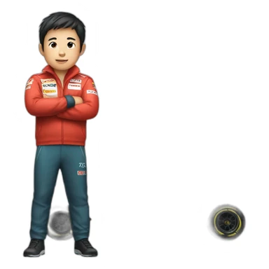 Asian boy in a F1 car sticker