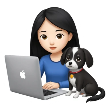 Asian girl with long black hair working on an Apple laptop, next to her is a small black and white dog with no collar on  sticker