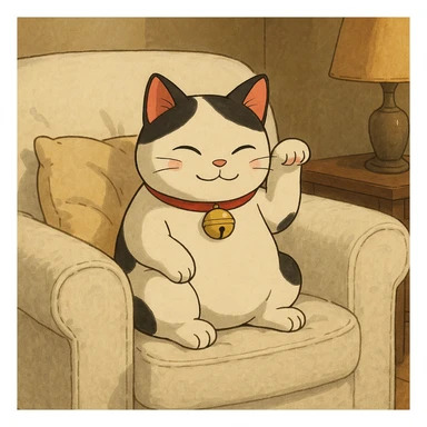 White and black Chinese lucky cat on a cozy white armchair  sticker