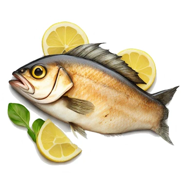 Realistic plated grilled fish on plate with lemon sticker