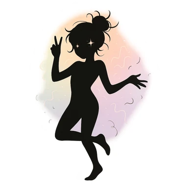 minimalist silhouette of a radiant, delicate figure with a soft pastel aura, a hint of sparkle in the eyes, and a graceful pose, exuding carefree charm and playful chaos sticker