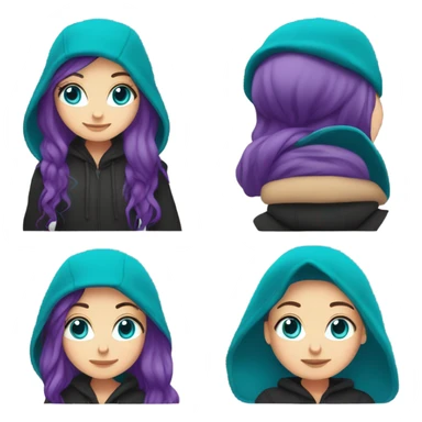 White girl, blue eyes, long teal hair, purple beanie hat, black hoodie, blue jeans, black shoes sticker