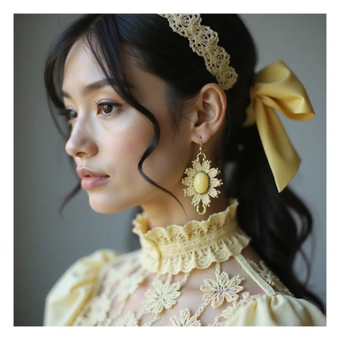 pastel yellow gothic bow and matching earrings, lace and velvet details, photorealistic style, transparent background, variation 1 sticker