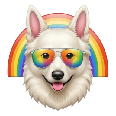 White belgian Shepard with a sunglas on a rainbow sticker