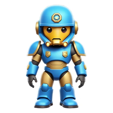 Clash of Clans aesthetic: Cinematic Playful Terran Marine Hero Emoji, rendered in a 3D vector-style similar to standard emojis with minimal shading and bold, simplified shapes. A compact, heroic isometric figure clad in futuristic power armor with signature energy accents, softly glowing with a cosmic battle charm. Simplified yet unmistakably iconic, highly detailed and consistent, glowing with a soft radiant shine and high gloss. Stylized with a touch of interstellar valor and a soft glowing outline, capturing the essence of an elite space warrior with a friendly, playful manner! sticker