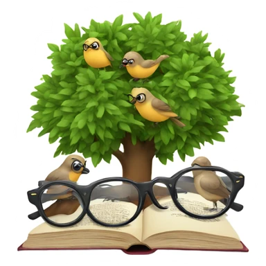 three birds in a tree but one of them using glasses and a book sticker
