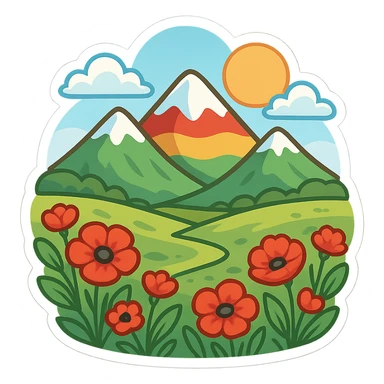 cartoon Kurdish sticker with mountain landscape and nature of Kurdistan including mountain, plain, and red poppy flowers, colorful and cheerful, no text, suitable for WhatsApp and Instagram sticker