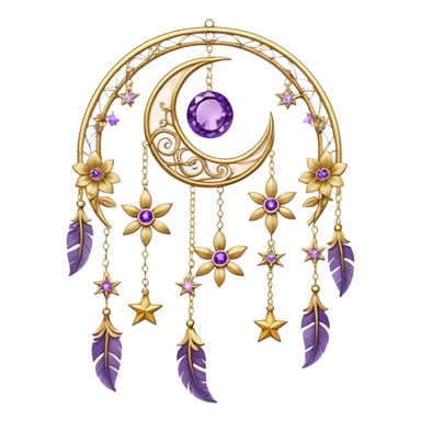 Epic beautiful gorgeous cute gold suncatcher, threads with shiny sparkly amethyst gemstones, flowers, crescents-moons, stars, gold Feathers  sticker