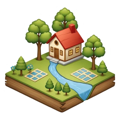 An icon featuring a local map, symbolizing local gardening. The design includes a different trees, and 1 tiny wooden house, representing the unique geography and culture of a specific area. Transparent background highlights the exploration of local history and environment. sticker