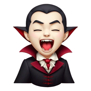 Cinematic Cute Yawning Vampire Portrait Emoji, with a small, rounded, charming pale face accented with tiny playful fangs and droopy, half-closed eyes, head tilted in an adorable wide yawn, dressed in miniature elegant dark attire with a hint of crimson, simplified yet irresistibly endearing, highly detailed with a soft, mysterious glow and gentle outline that captures the cute, drowsy side of an immortal! sticker