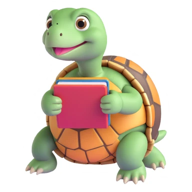 a tortoise holding a small book, looking curious and engaged, in a playful pose sticker