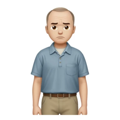 Carl from Sling Blade, serious expression, recognizable features, neutral background, full body, chin sticking out, slouching posture, no glasses, shirt with collar,  side view, the 4th image is good. show his entire body, he is standing. we see him from the side sticker