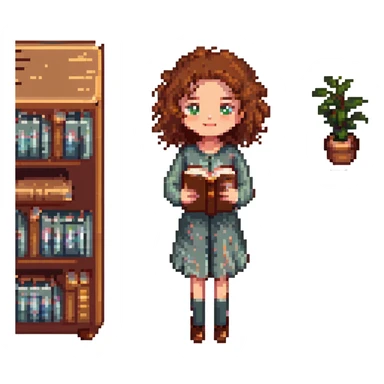 girl with brown curly hair and a book, pixel art style sticker