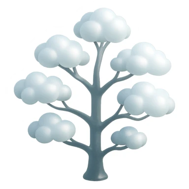 one tree with many branches, each branch covered with small, very bright white, saturated color, fluffy convex clouds, matte glass style sticker