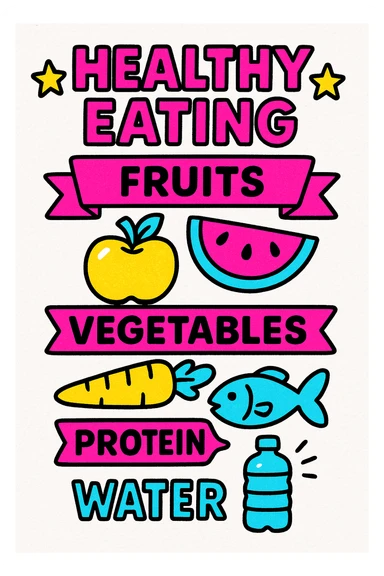 healthy eating infographic in pop art style with bright contrasting colors, simple shapes, bold outlines, including sections for fruits, vegetables, proteins, and water sticker