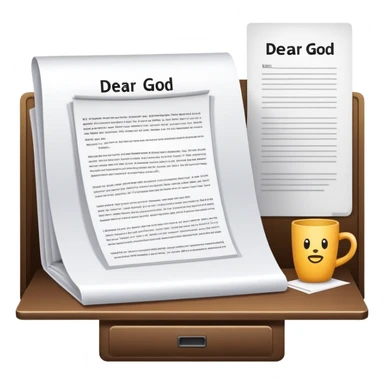 Desk with computer showing document that starts with "Dear God" sticker