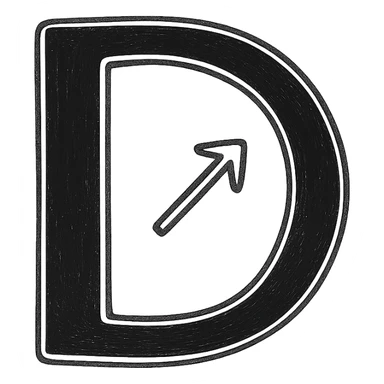 Flat, minimalist black letter "D" with thin white/silver outlines, containing a small diagonal right-pointing arrow (up-right direction) sticker