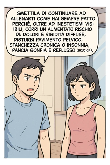 TRASFORMA QUESTO CAROSELLO IN UN FUMETTO STILE MANGA A COLORI CON QUESTE DUE PERSONE IDENTICHE CHE INTERLOQUISCONO TRA LORO:

LUI (UOMO): Smettila di continuare ad allenarti come hai sempre fatto perché, oltre ad inestetismi visibili, corri un aumentato rischio di:
    • dolori e rigidità diffuse
    • disturbi pavimento pelvico
    • stanchezza cronica o insonnia
    • pancia gonfia e reflusso (bruciore)
    • etc… sticker