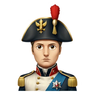 Cinematic Realistic Napoleon Bonaparte Portrait Emoji, depicted as a commanding military leader with a determined gaze and iconic bicorne hat, rendered with dramatic textures and bold historical lighting that captures his imperial legacy. sticker