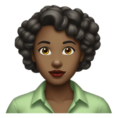 Black girl with dark brown bright eyes and red tinted lips , wavy long black hair parted with a widow's peak, wearing a pastel green shirt sticker