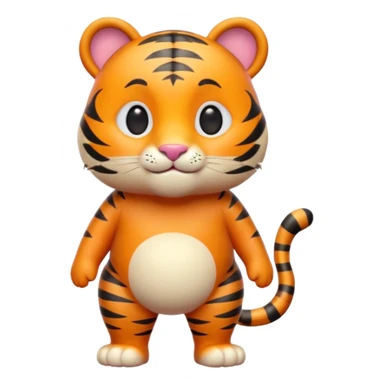 Cute tiger emoji, full body, standing pose, smiling face, big round eyes, orange fur with black stripes, chubby and adorable, short legs, small ears, 3D emoji style, smooth shading, bright colors, simple clean design, transparent background sticker