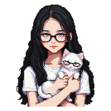 Beautiful girl with long black hair and glasses holding a white kitten sticker
