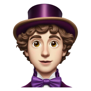 Timothée Chalamet as Willy Wonka, high cheek bones, large face, hat sticker