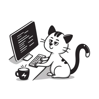 hand drawn doodle style white hacker cat with a computer and coffee cup sticker