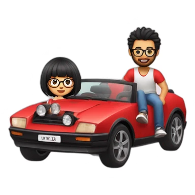 man with black hair and beard drive a red sportive car. A girl is settled near him. The girl wear glasses and she have black hair with bangs sticker