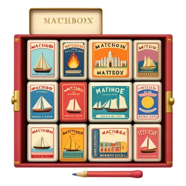 Icon for Matchbox Collecting: a collection of vintage and colorful matchboxes from different places, neatly displayed in a row or in a display case. The icon should reflect the uniqueness and diversity of matchbox collecting. Transparent background. sticker