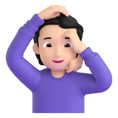 embarrassed smiling boy with hand behind head and black hair sticker