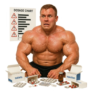 realistic beginner bodybuilder with swollen muscles and red skin, surrounded by open boxes of drugs, fearful expression, dosage chart with danger signs, white background, 4K quality sticker