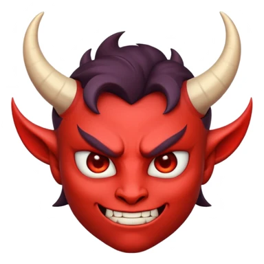 Demon cartoon emoji character, confident and edgy expression, sharp eyes, subtle smirk, small curved horns, clean stylized face, not cute, not scary, balanced dark and saturated colors, bold shapes, modern emoji-style illustration, high contrast, strong character presence sticker