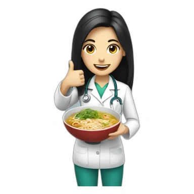 female doctor with long dark hair eating ramen bowl with thumbs up sticker