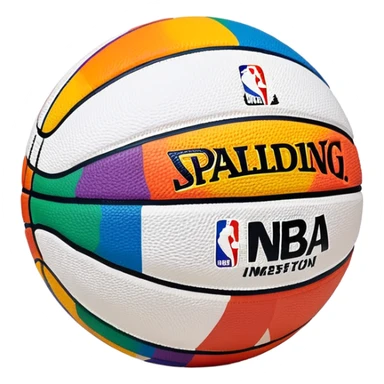 white Spalding basketball with NBA logo, featuring colorful lines on the surface sticker
