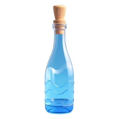 very realistic 3D transparent glass bottle with a cork, bottle shape resembling a sound wave or microphone, inside light blue elixir, no text sticker