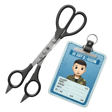 Floating black Scissors cutting in half an idf soldier ID card in 2 parts .hyper realistic sticker