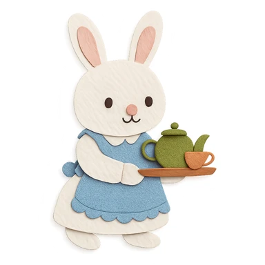 highly detailed, high quality paper craft style illustration of a white bunny in an apron holding a tea tray, intricate textures, soft lighting, delicate cut-paper details sticker