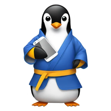 A penguin wearing sunglasses holding a cell phone in a jiu-jitsu kimono  sticker