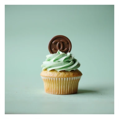 photorealistic pastel mint Chanel cupcake with a chocolate Chanel logo disk, elegant, no background sticker