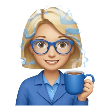 Blonde haired women with blue glasses and a brown worksuit on holding a blue mug of tea and smiling.  sticker