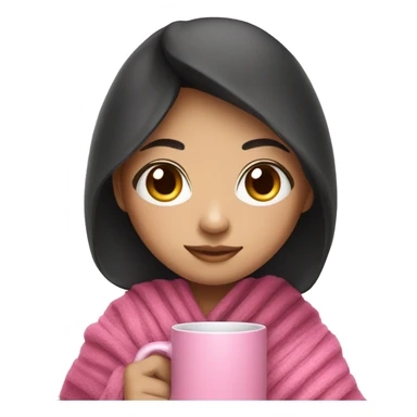 Asian girl with dark hair wearing a blanket and holding a pink mug sticker