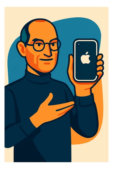 Add a modern style Apple logo to the iPhone Steve Jobs is holding, maintaining the modern illustration style of the image. sticker