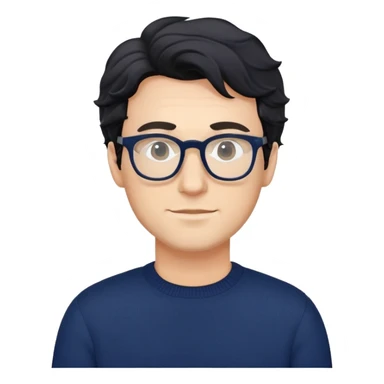 Caucasian man with black wavy hair wearing glasses and a long sleeve navy blue sweater sticker