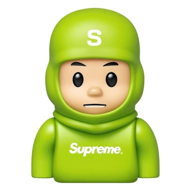 bearbrick toy wearing a lime green balaclava with Supreme logo and thick aggressive eyebrows showing above sticker