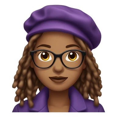 Beautiful brown skin woman with brown eyes, long locs, wearing cat eye glasses and a purple beret and coat sticker