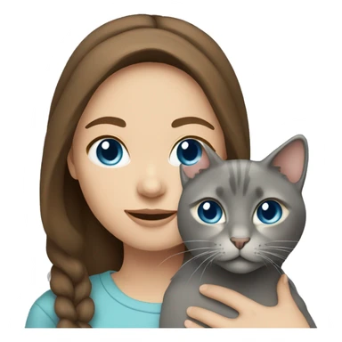 Girl with brown hair and blue eyes holding gray cat sticker